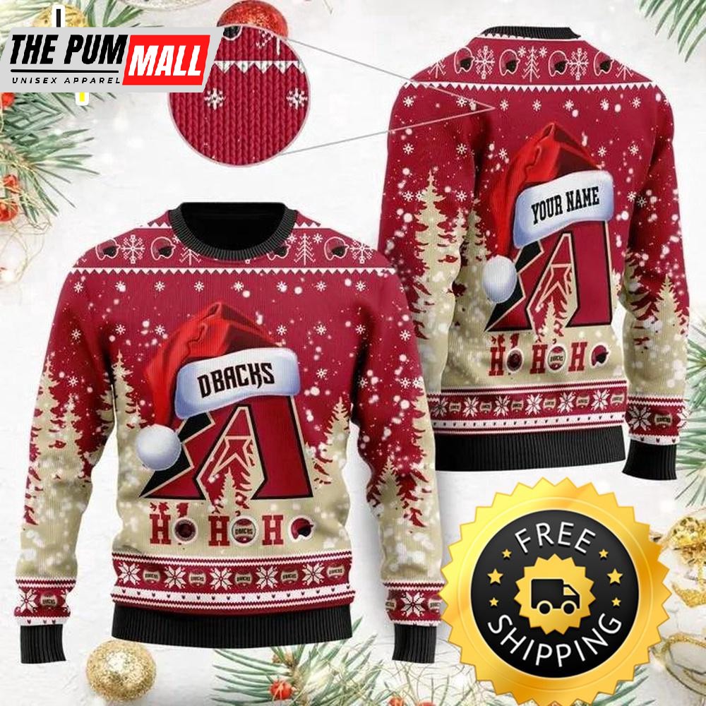Arizona Diamondbacks Santa Claus Hat Ho Ho Ho Custom Name Ugly Christmas Sweater, Arizona Diamondbacks Ugly Sweater, MLB Christmas Sweater