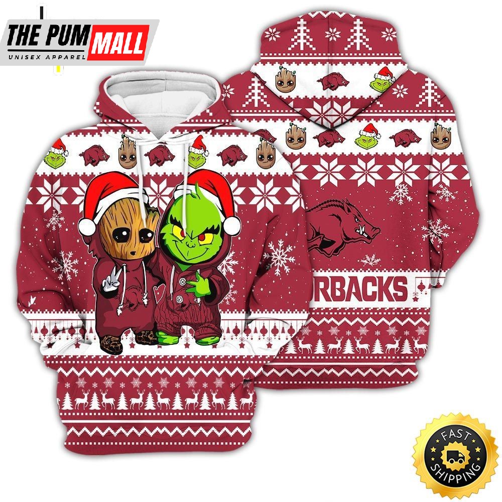 Arkansas Razorbacks Baby Groot And Grinch Best Friends Football American Ugly Christmas Sweater New Trends For Fans Club Gifts Unisex 3D Hoodie