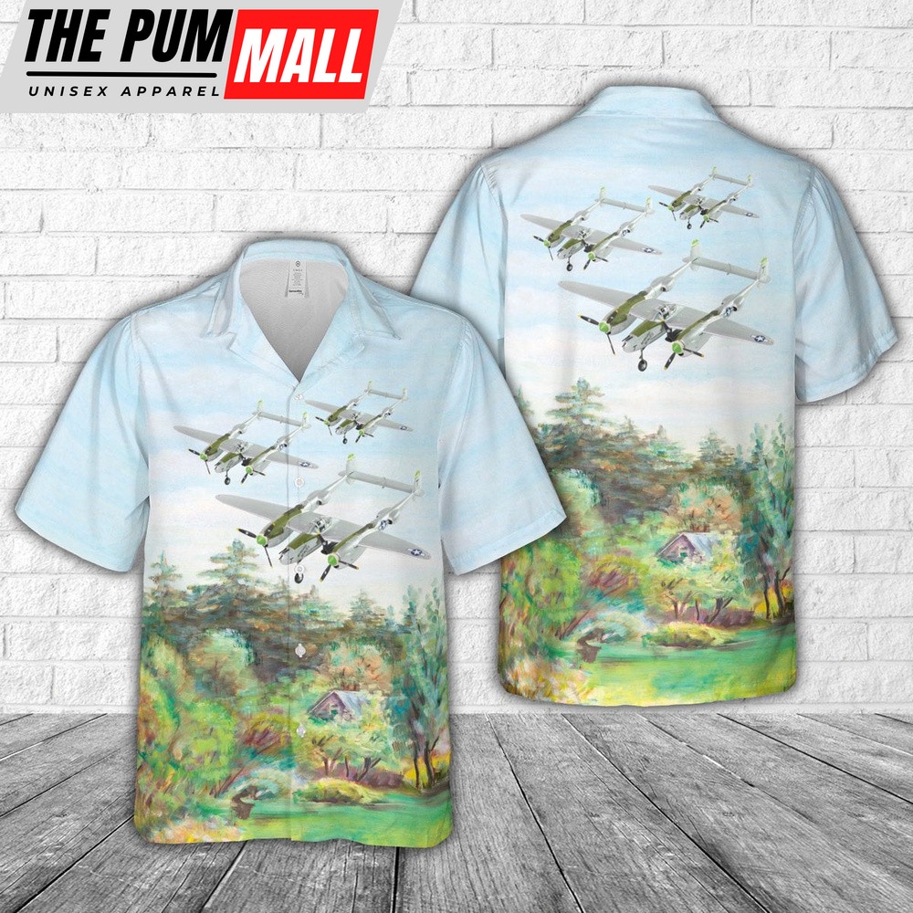 Army Hawaiian Shirt, US Army Air Corps Lockheed P-38 Lightning Down Beat World War II American fighter aircraft Hawaiian Shirt