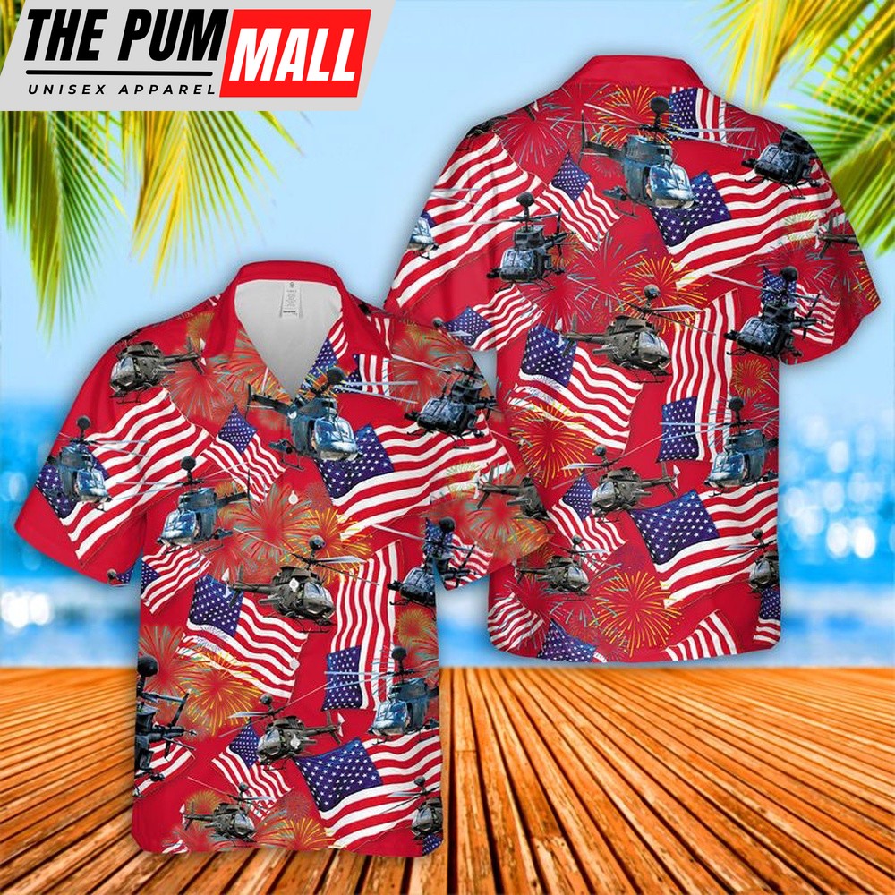 Army Hawaiian Shirt, US Army Bell OH-58 Kiowa 4th July Hawaiian Shirt, Military Aloha Shirt