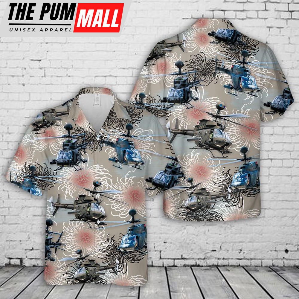 Army Hawaiian Shirt, US Army Bell OH-58 Kiowa Hawaiian Firework Aloha Hawaiian Shirt, Military Aloha Shirt