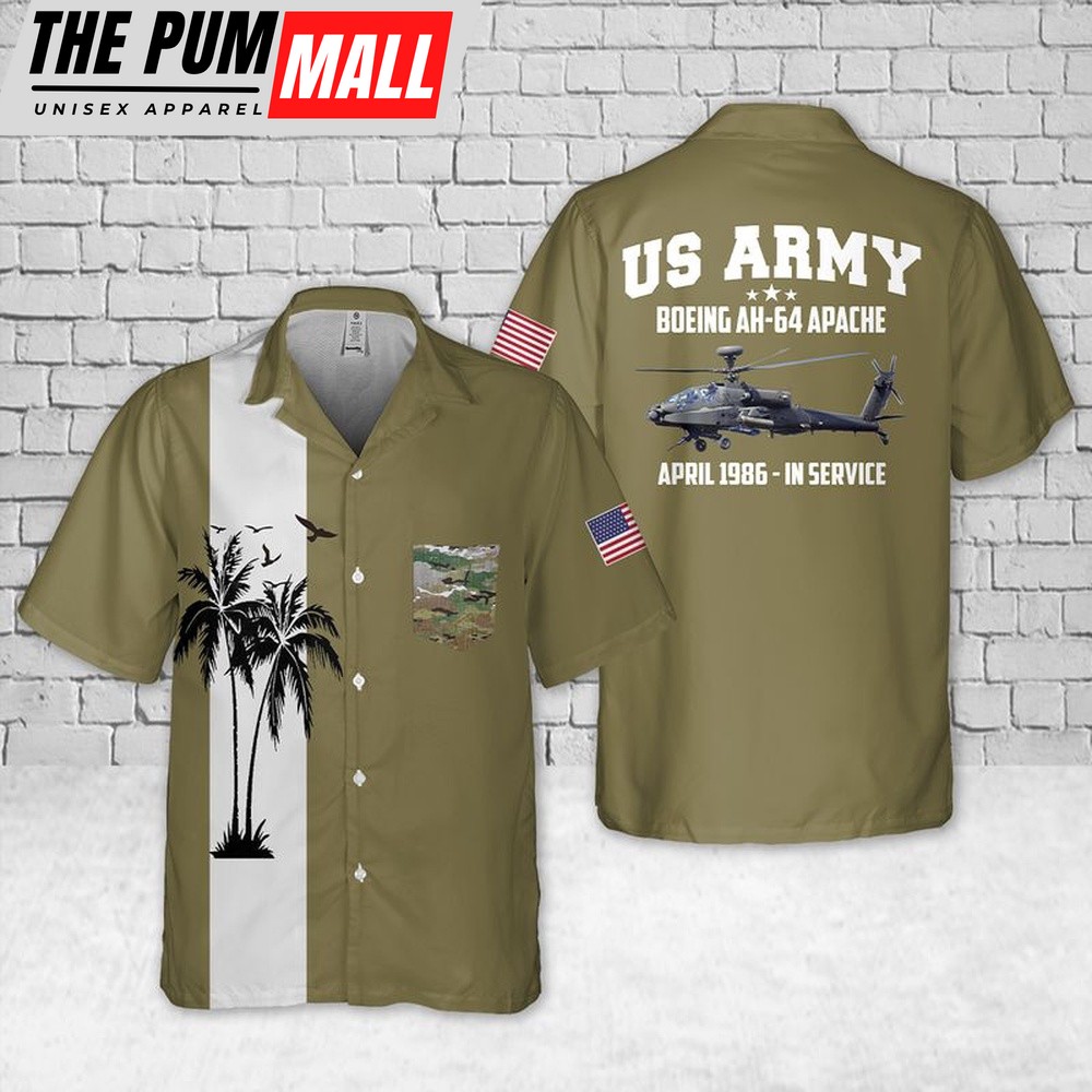 Army Hawaiian Shirt, US Army Boeing AH-64 Apache Pocket Hawaiian Shirt, Military Aloha Shirt