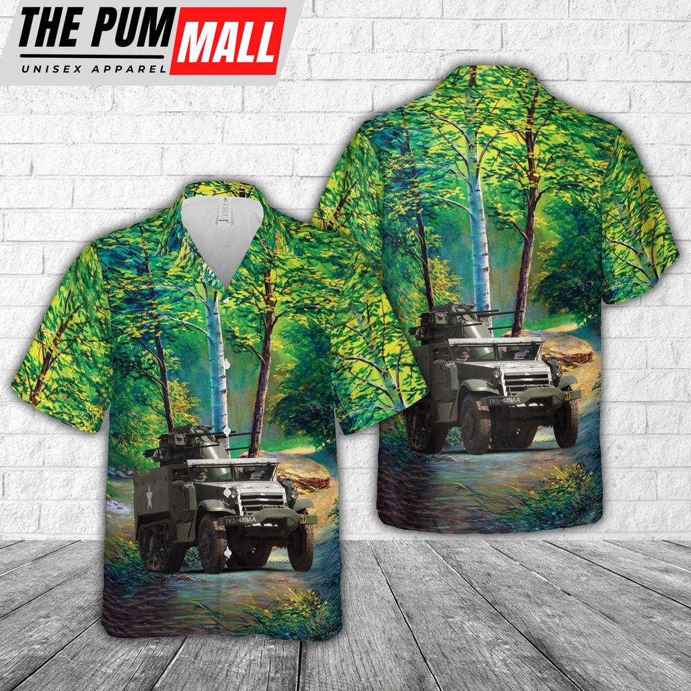 Army Hawaiian Shirt, US Army M16 Half-track (anti-aircraft) Hawaiian Shirt, Military Aloha Shirt