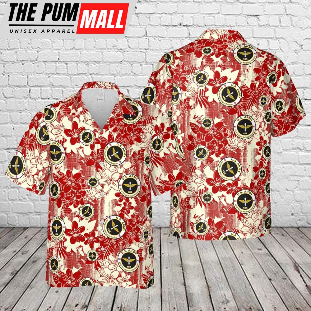 Army Hawaiian Shirt, US Army MOS 15R AH-64 Attack Helicopter Repairer Hawaiian Shirt, Military Aloha Shirt
