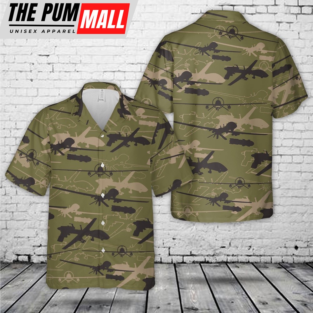 Army Hawaiian Shirt, US Army MQ-1C Gray Eagle Silhouette Hawaiian Shirt, Military Aloha Shirt