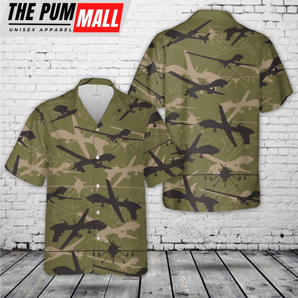 Army Hawaiian Shirt, US Army MQ-1C Gray Eagle Silhoutlle Hawaiian Shirt, Military Aloha Shirt