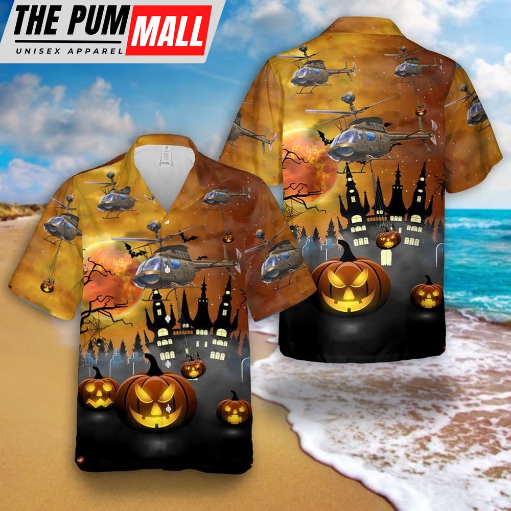 Army Hawaiian Shirt, US Army OH-58 Kiowa Halloween Hawaiian Shirt, Military Aloha Shirt