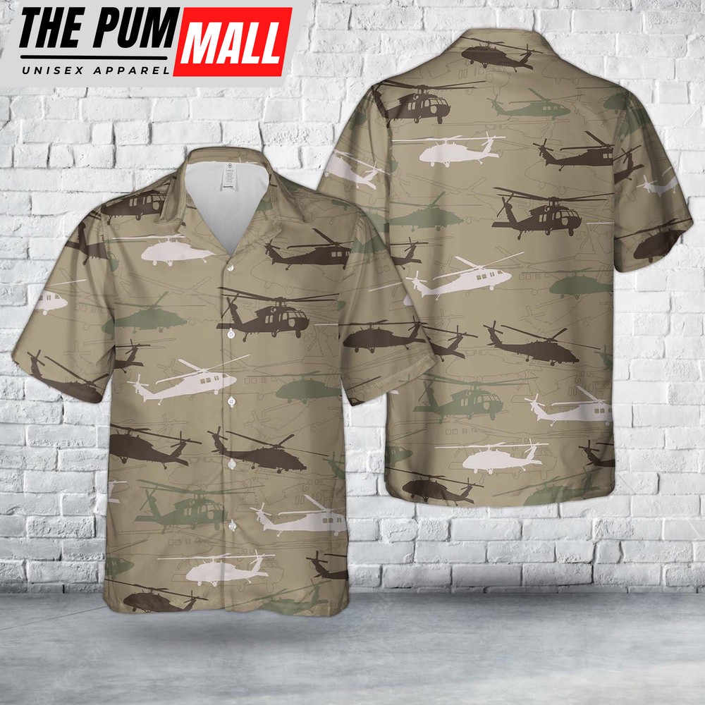 Army Hawaiian Shirt, US Army Sikorsky UH-60 Black Hawk Silhouette Hawaiian Shirt, Military Aloha Shirt