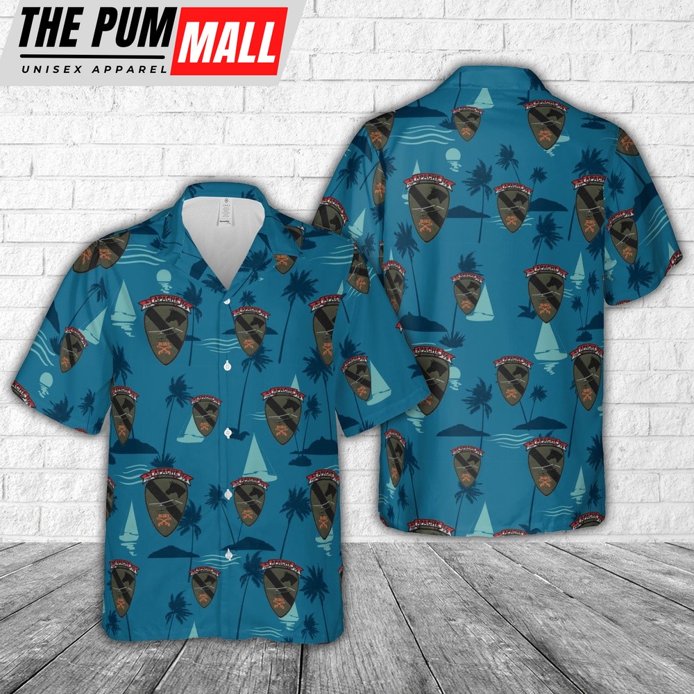 Army Hawaiian Shirt, US Army Vietnam 1st Cavalry Division 9th Cavalry Regiment A Troop Apache Blues Hawaiian Shirt