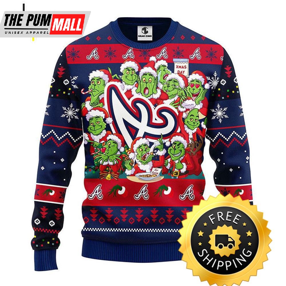 Atlanta Braves 12 Grinch Xmas Day Ugly Christmas Sweater, Atlanta Braves Ugly Sweater, MLB Christmas Sweater