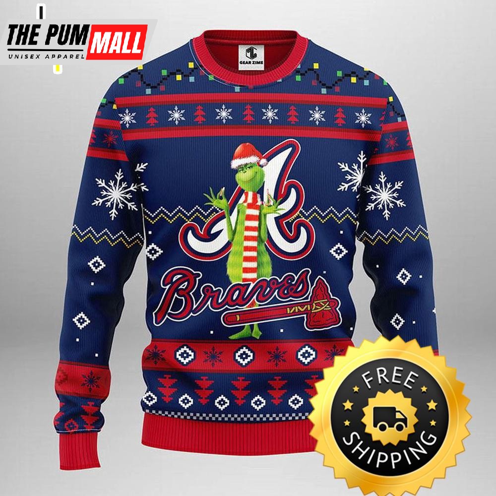 Atlanta Braves Funny Grinch Ugly Christmas Sweater, Atlanta Braves Ugly Sweater, MLB Christmas Sweater