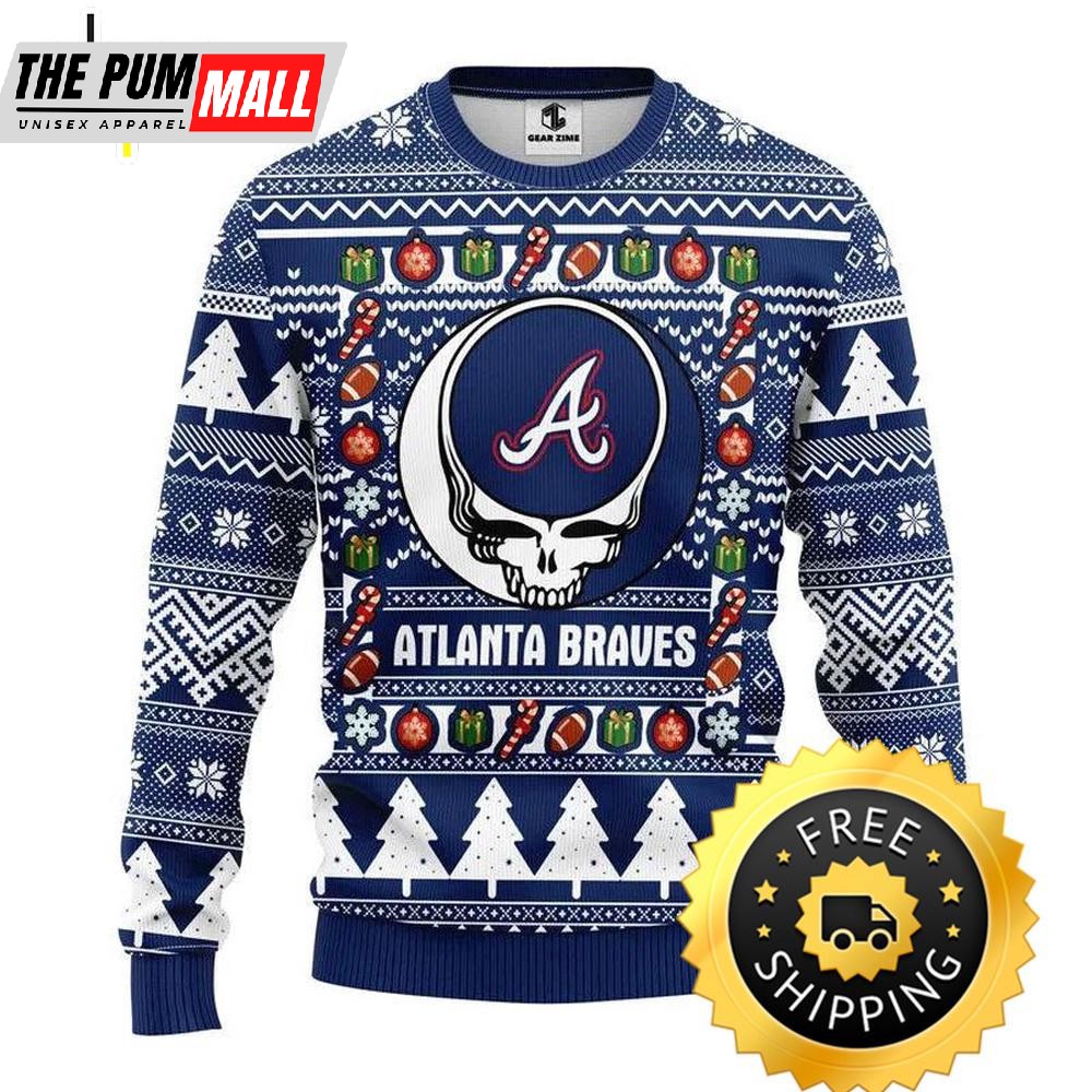 Atlanta Braves Grateful Dead Ugly Christmas Sweater, Atlanta Braves Ugly Sweater, MLB Christmas Sweater