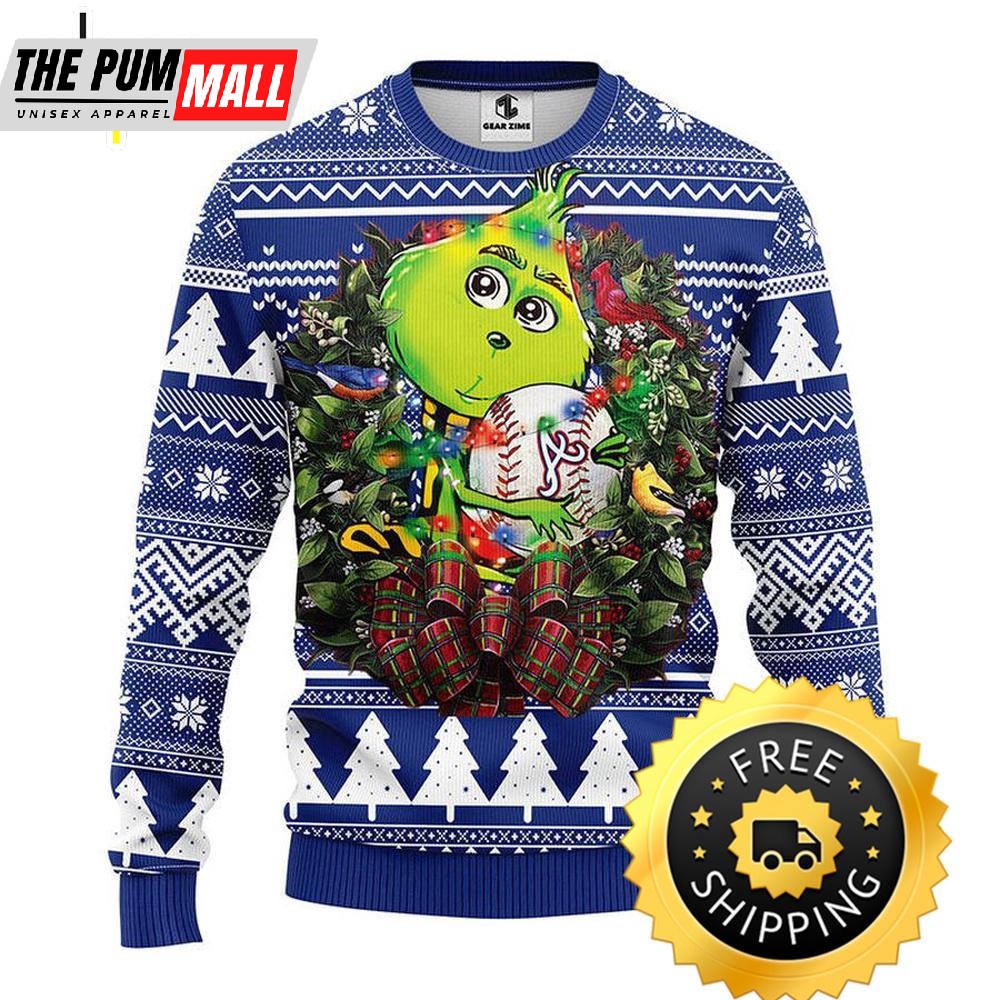 Atlanta Braves Grinch Hug Ugly Christmas Sweater, Atlanta Braves Ugly Sweater, MLB Christmas Sweater