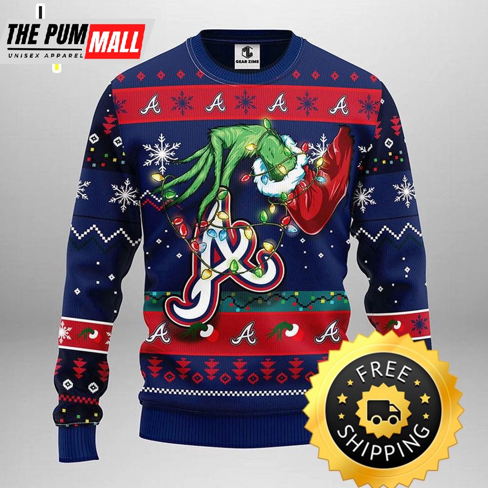 Atlanta Braves Grinch Ugly Christmas Sweater, Atlanta Braves Ugly Sweater, MLB Christmas Sweater