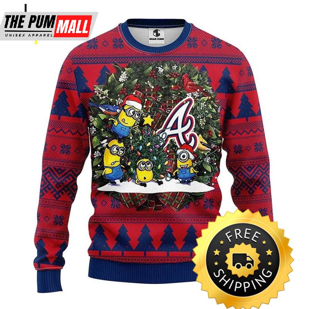 Atlanta Braves Minion Ugly Christmas Sweater, Atlanta Braves Ugly Sweater, MLB Christmas Sweater