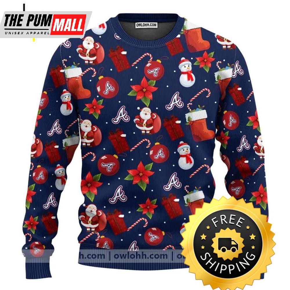 Atlanta Braves Santa Claus Snowman Ugly Christmas Sweater, Atlanta Braves Ugly Sweater, MLB Christmas Sweater