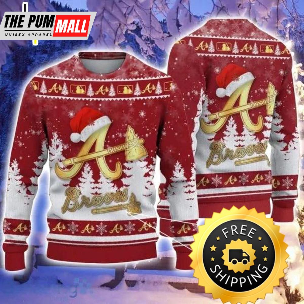 Atlanta Braves Santa Hat Pattern Ugly Christmas Sweater, Atlanta Braves Ugly Sweater, MLB Christmas Sweater