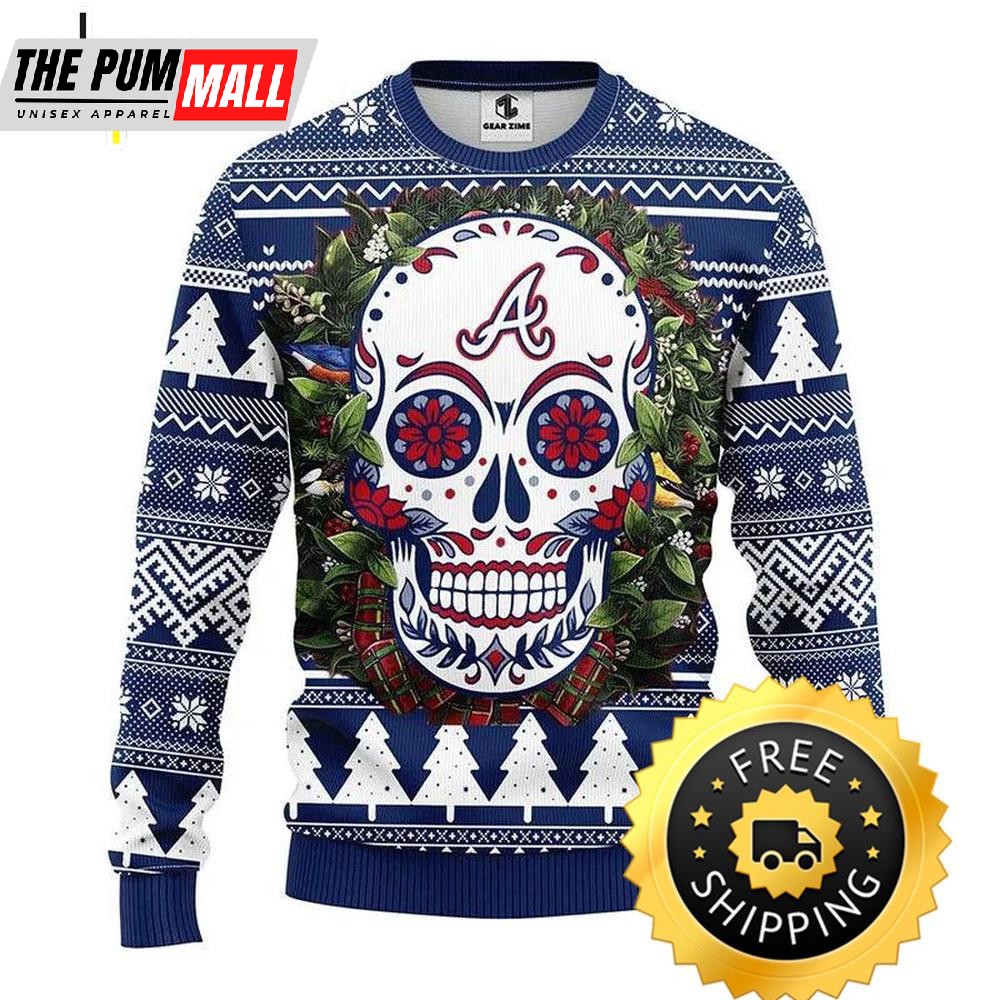Atlanta Braves Skull Flower Ugly Christmas Sweater, Atlanta Braves Ugly Sweater, MLB Christmas Sweater