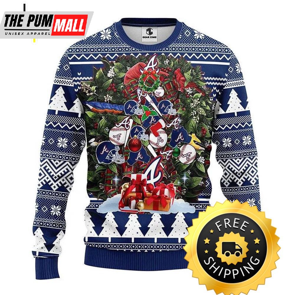 Atlanta Braves Tree Christmas Ugly Christmas Sweater, Atlanta Braves Ugly Sweater, MLB Christmas Sweater