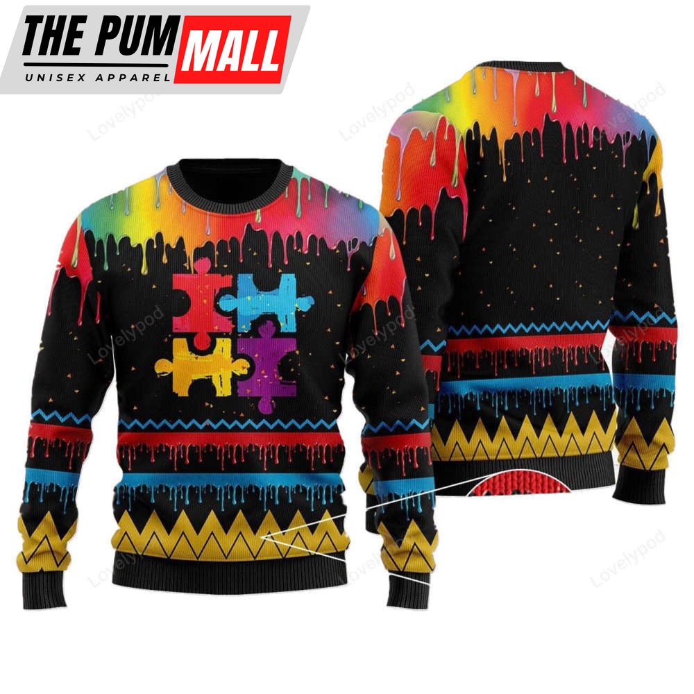 Autism Awareness Colorful Water 3D Ugly Christmas Sweater – Christmas Gift