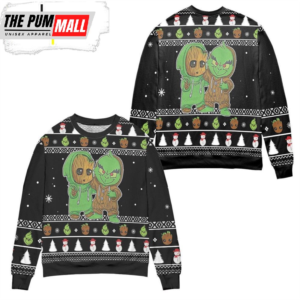 Baby Groot And Grinch Snowman Pattern Claus Ugly Christmas Sweater