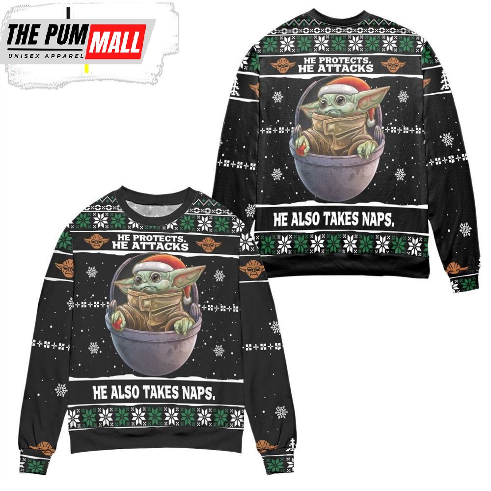 Baby Yoda He Protects He Attacks He Also Takes Naps Snowflake Pattern Ugly Christmas Sweater