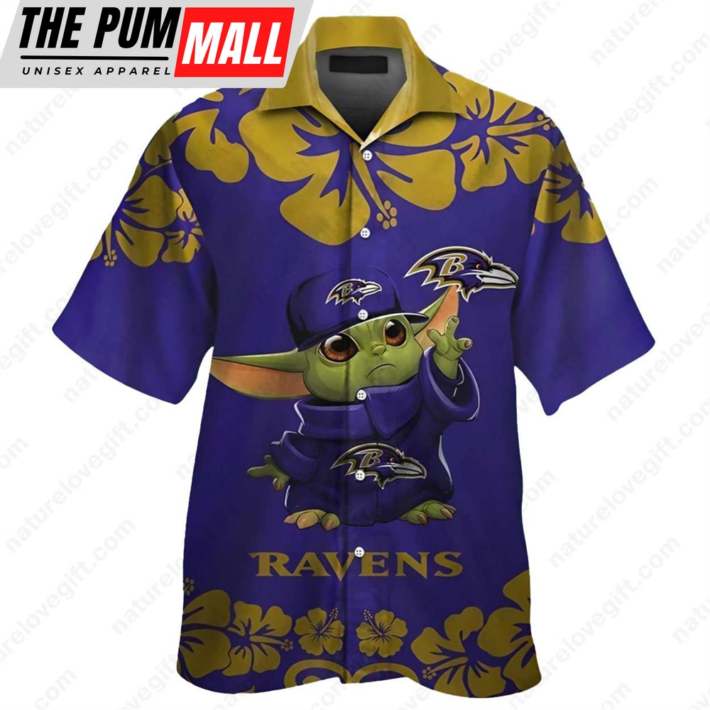 Baby Yoda Hibiscus Baltimore Ravens Hawaiian Shirt NFL Gifts