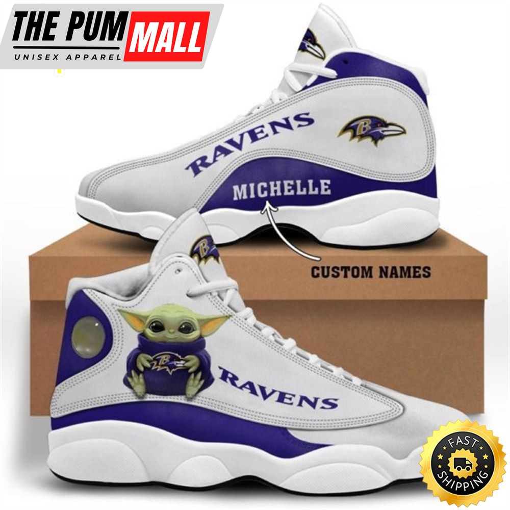 Baby Yoda Hug Baltimore Ravens Personalized Name Air Jd 13 Shoes