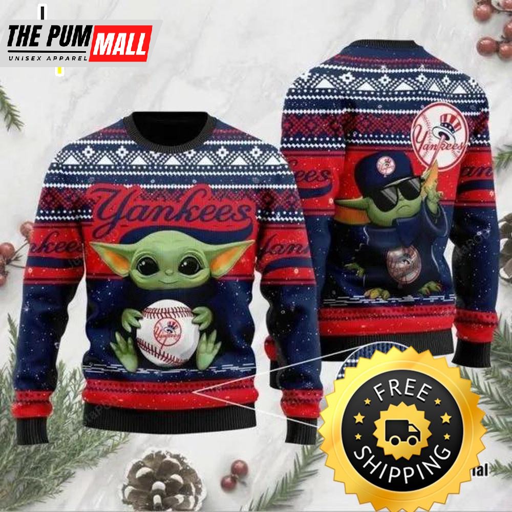 Baby Yoda Hug New York Yankees Christmas Ugly Sweater, New York Yankees Ugly Sweater, MLB Christmas Sweater