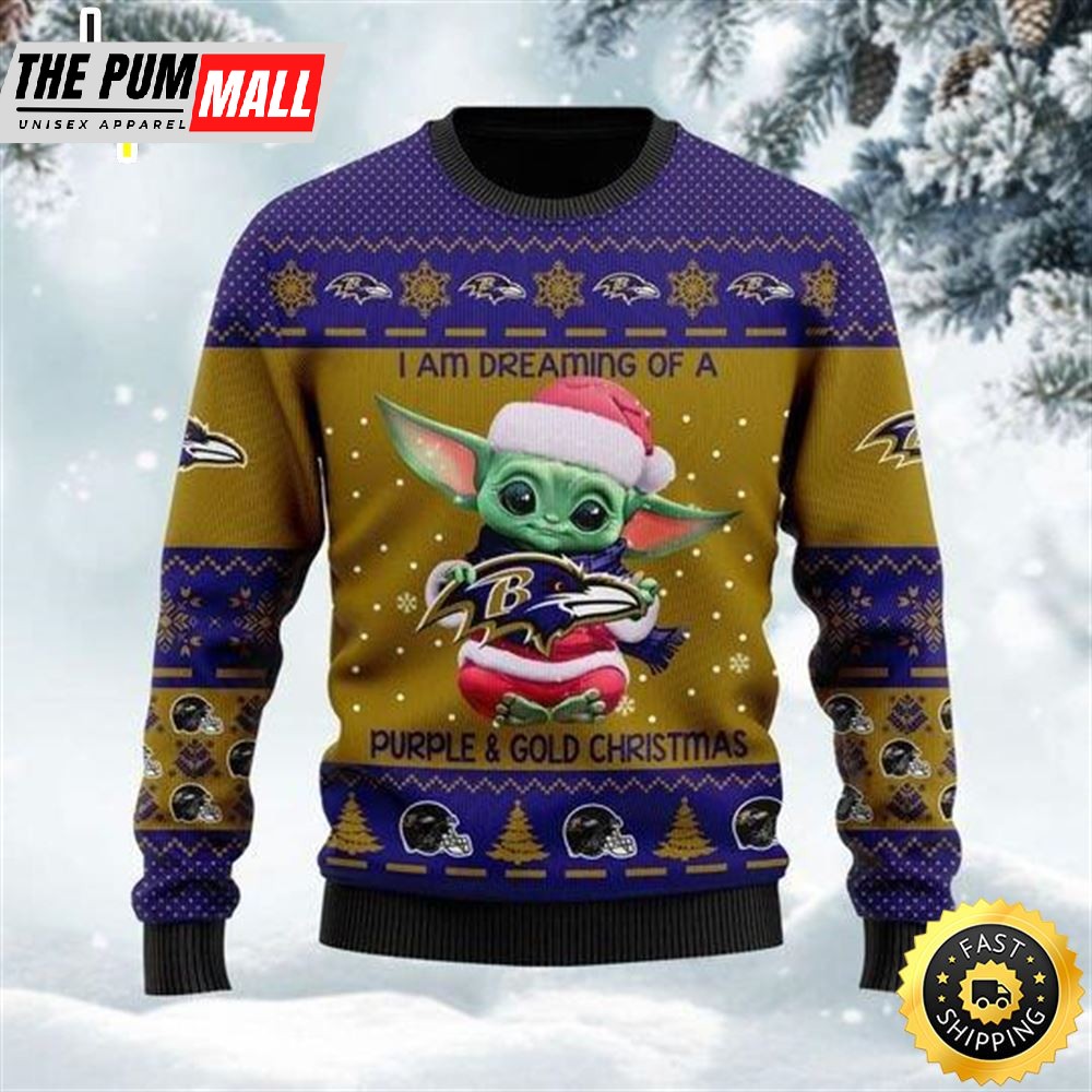 Baby Yoda I Am Dreaming Of A Purple And Gold Christmas Ugly Christmas Sweater