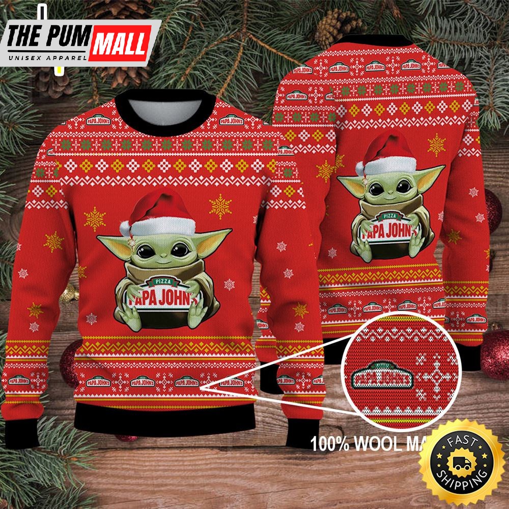 Baby Yoda Merry Christmas Ugly Sweater Papa John’s Pizza