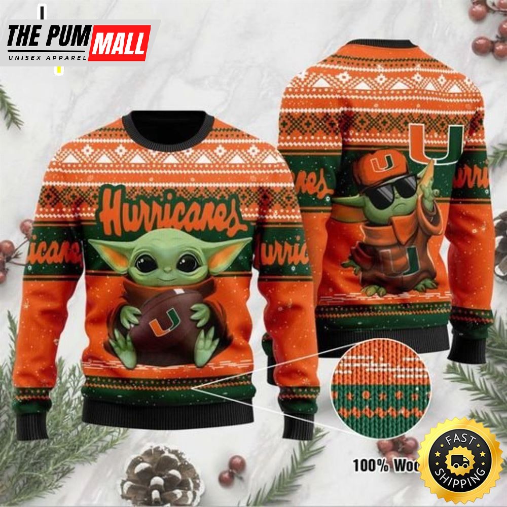 Baby Yoda Miami Hurricanes Football Ugly Christmas Sweater