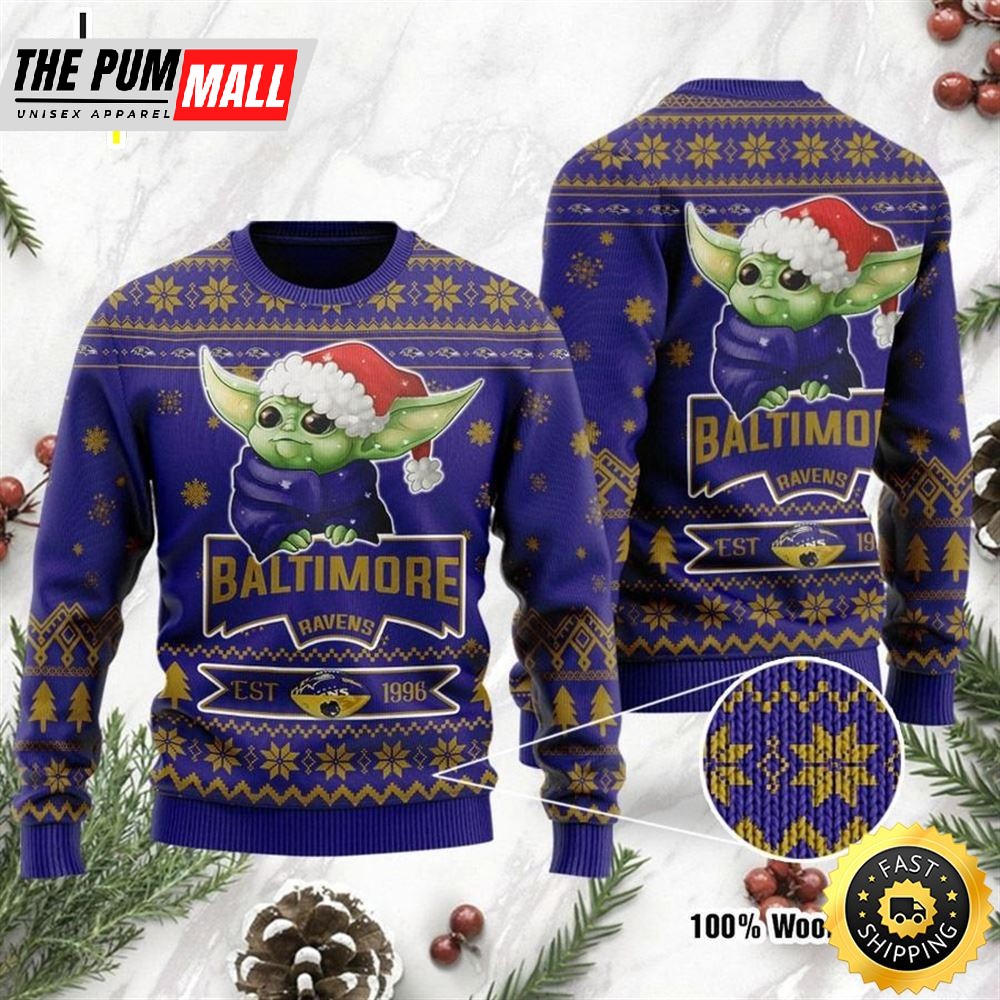 Baltimore Ravens Cute Baby Yoda Grogu Holiday Party Ugly Christmas Sweater