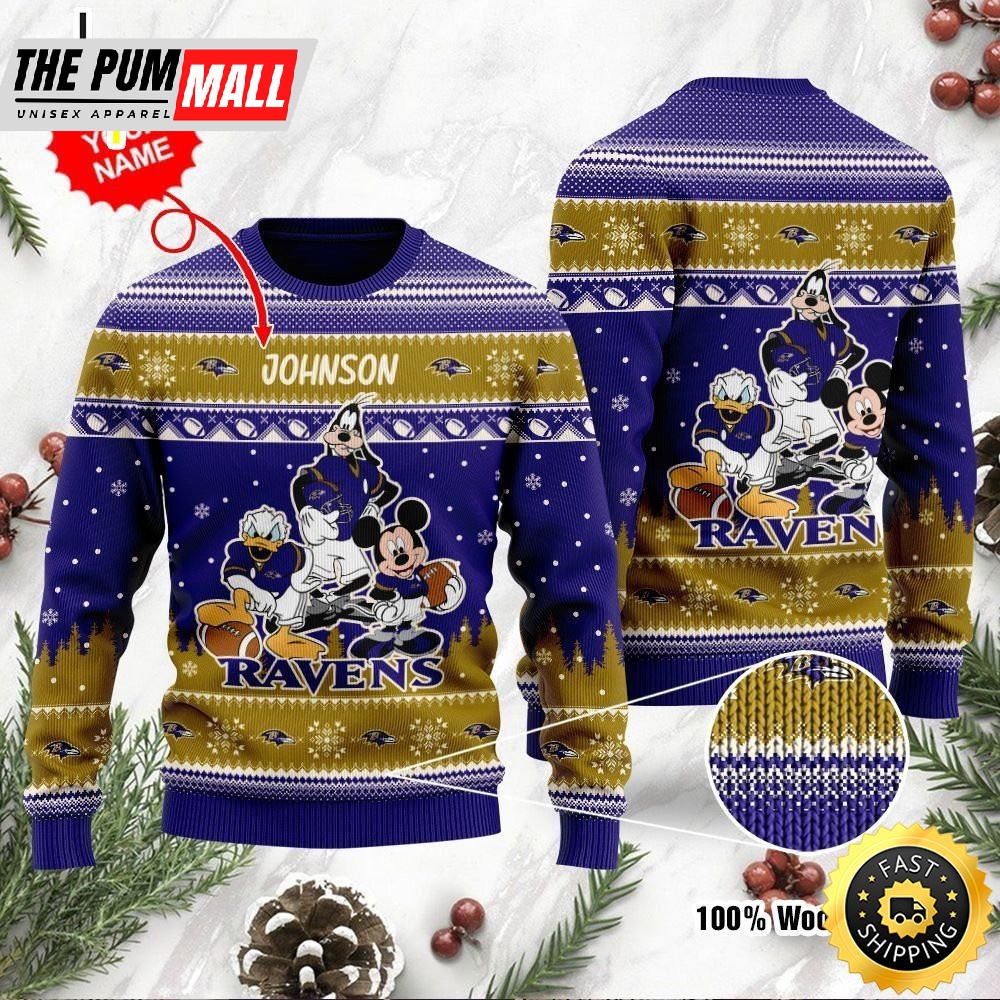 Baltimore Ravens Disney Donald Duck Mickey Mouse Goofy Personalized Ugly Christmas Sweater Perfect Holiday Gift