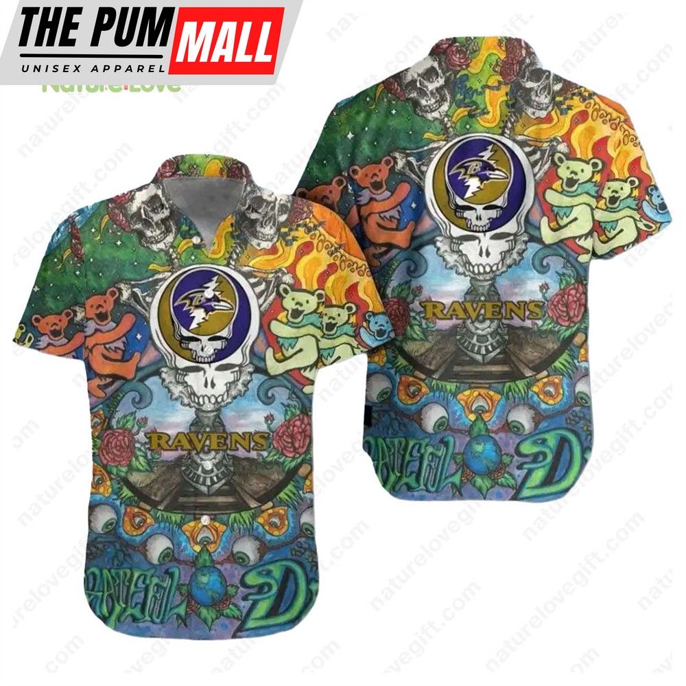 Baltimore Ravens Grateful Dead Skull and Roses NFL Hawaiian Shirt