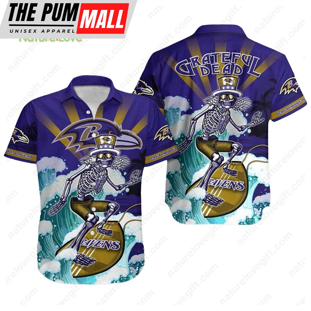 Baltimore Ravens Skeleton Grateful Dead Surfing Ravens Hawaiian Shirt