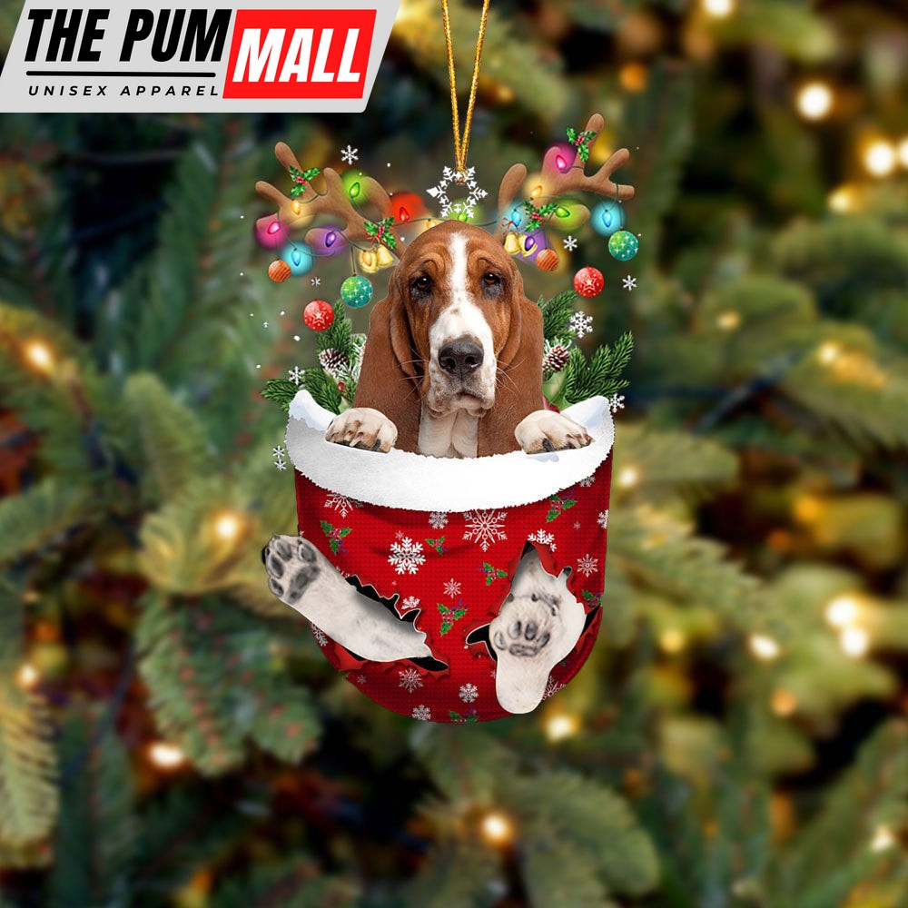 Basset Hound In Snow Pocket Christmas Ornament – Two Sided Christmas Plastic Hanging Limited Edition