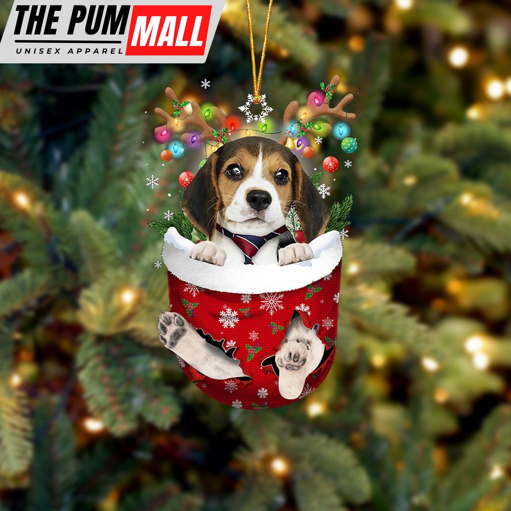 Beagle In Snow Pocket Christmas Ornament – Two Sided Christmas Plastic Hanging Limited Edition