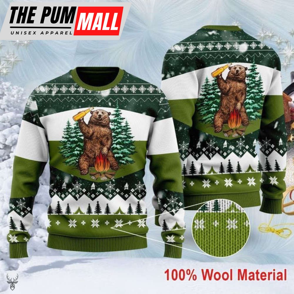 Bear Beer Campfire 3D Ugly Christmas Sweater
