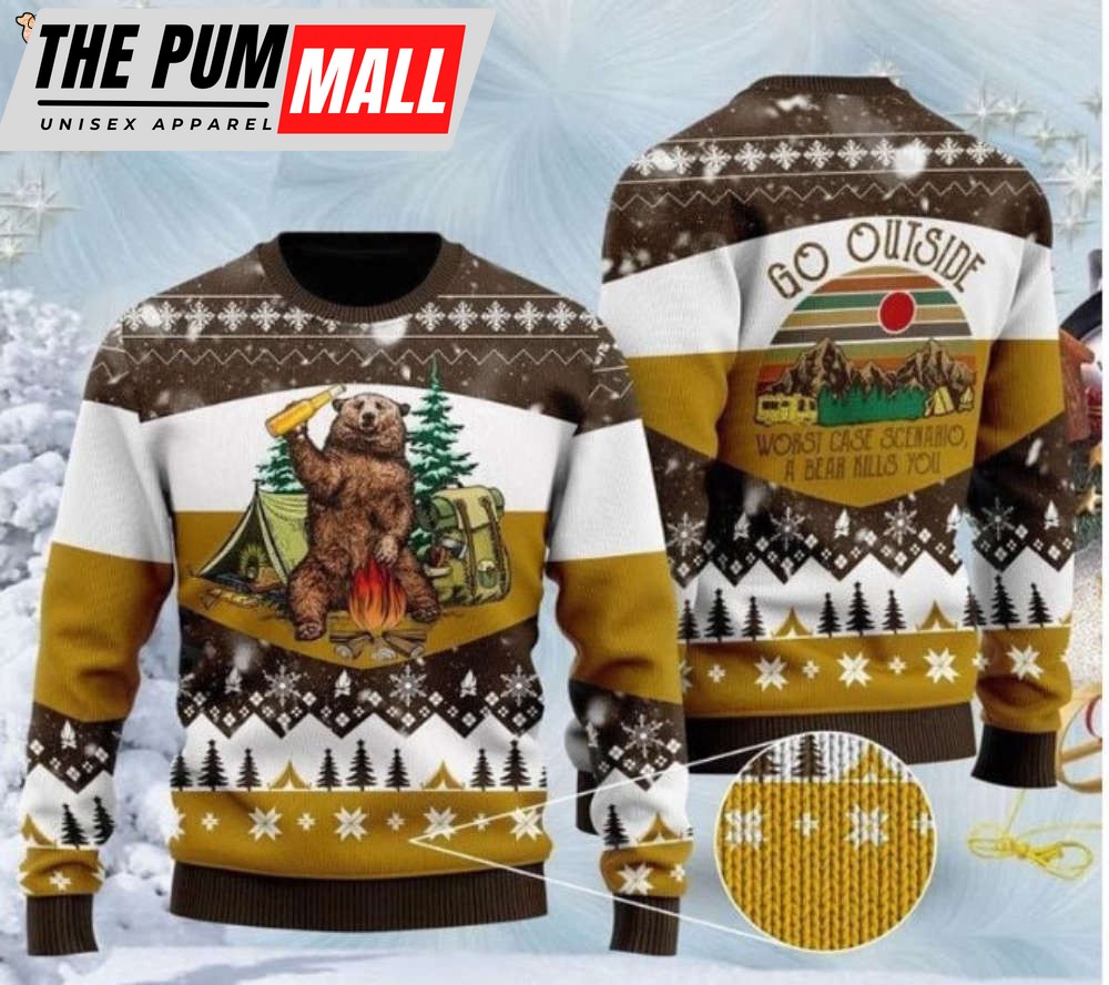 Bear Beer Campfire Yellow Wool Ugly Christmas Sweater, Xmas Sweater, Christmas Gift Sweatshirt, Gift Man/ Women/Kid