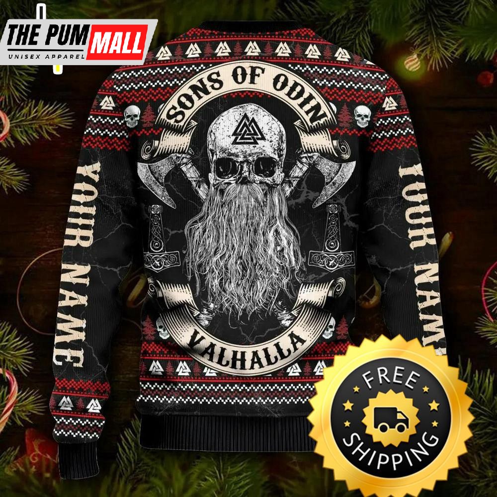 Beard Skull Sons Of Odin Valhalla Custom Name Viking Ugly Christmas Sweater, Viking ugly sweater