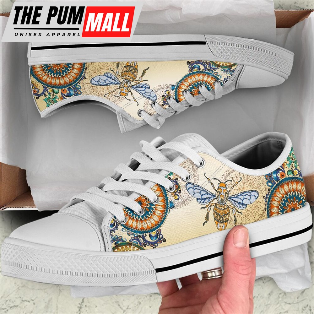 Bee Ethnic Style Low Top Beekeeping Fashion Sneaker – Lowtop Casual Shoes Gift For Adults – Walking Shoes Men Women