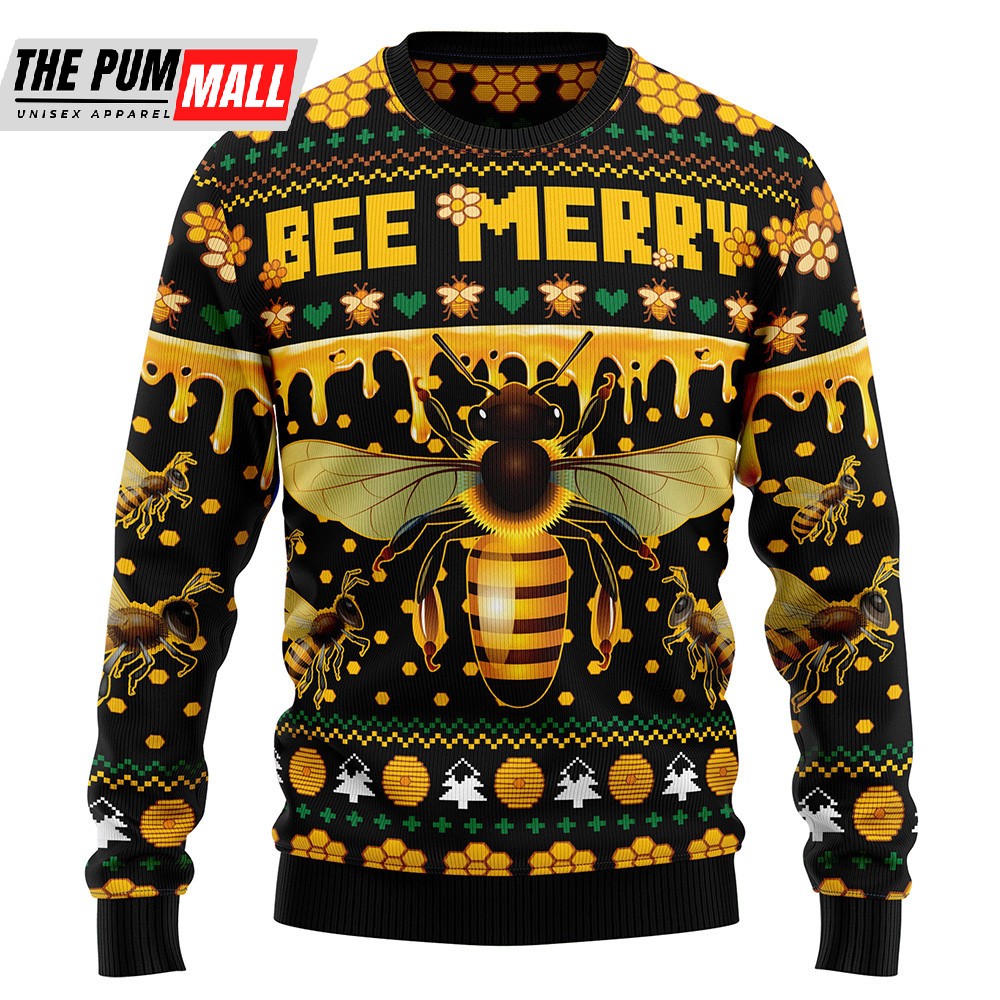 Bee Merry Ugly Christmas Sweater Xmas Jumper Holiday Pullover