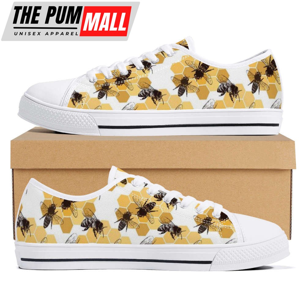 Bee Print Canvas Sneakers, Bee Shoes, Low Top Shoes For Bee Lover Gift