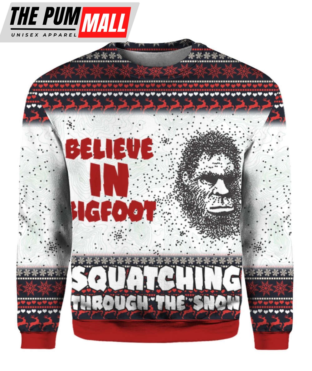 Believe In Bigfoot Squat Ching Through The Snow 3D Ugly Christmas Sweater Hoodie