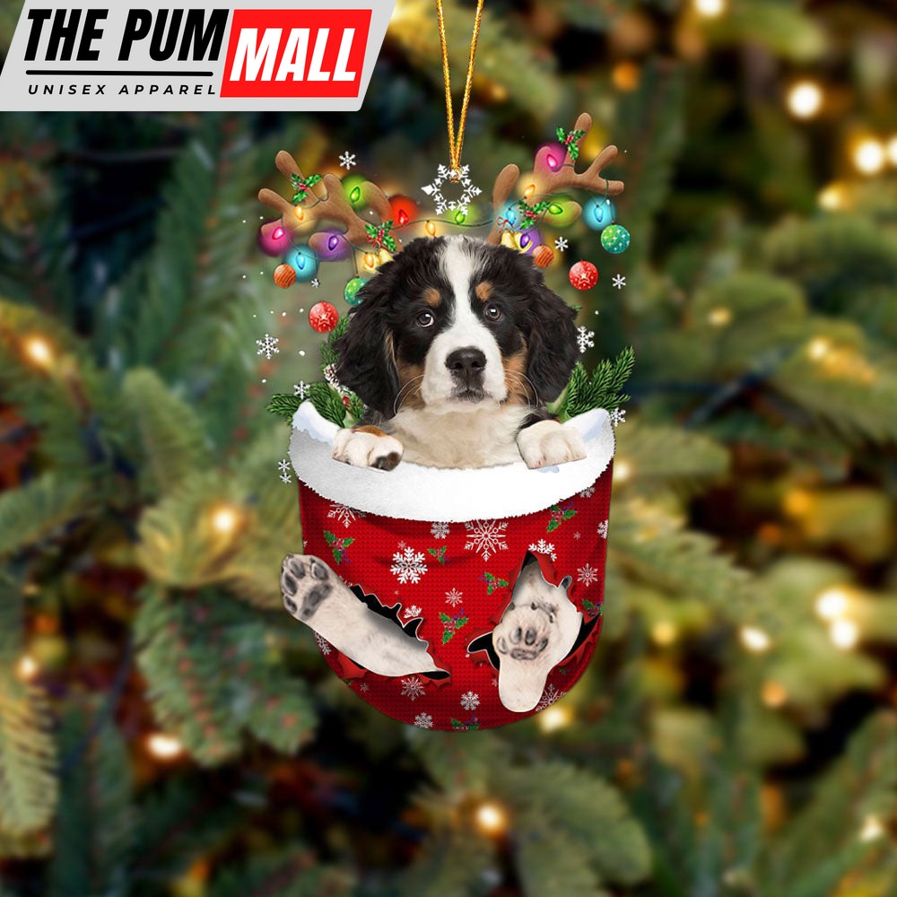 Bernese Mountain Dog In Snow Pocket Christmas Ornament – Two Sided Christmas Plastic Hanging Limited Edition