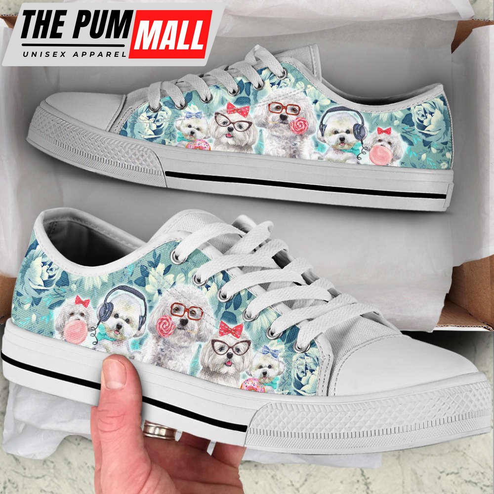Bichon Dog Flowers Pattern Turquoise Low Top Shoes Canvas Sneakers
