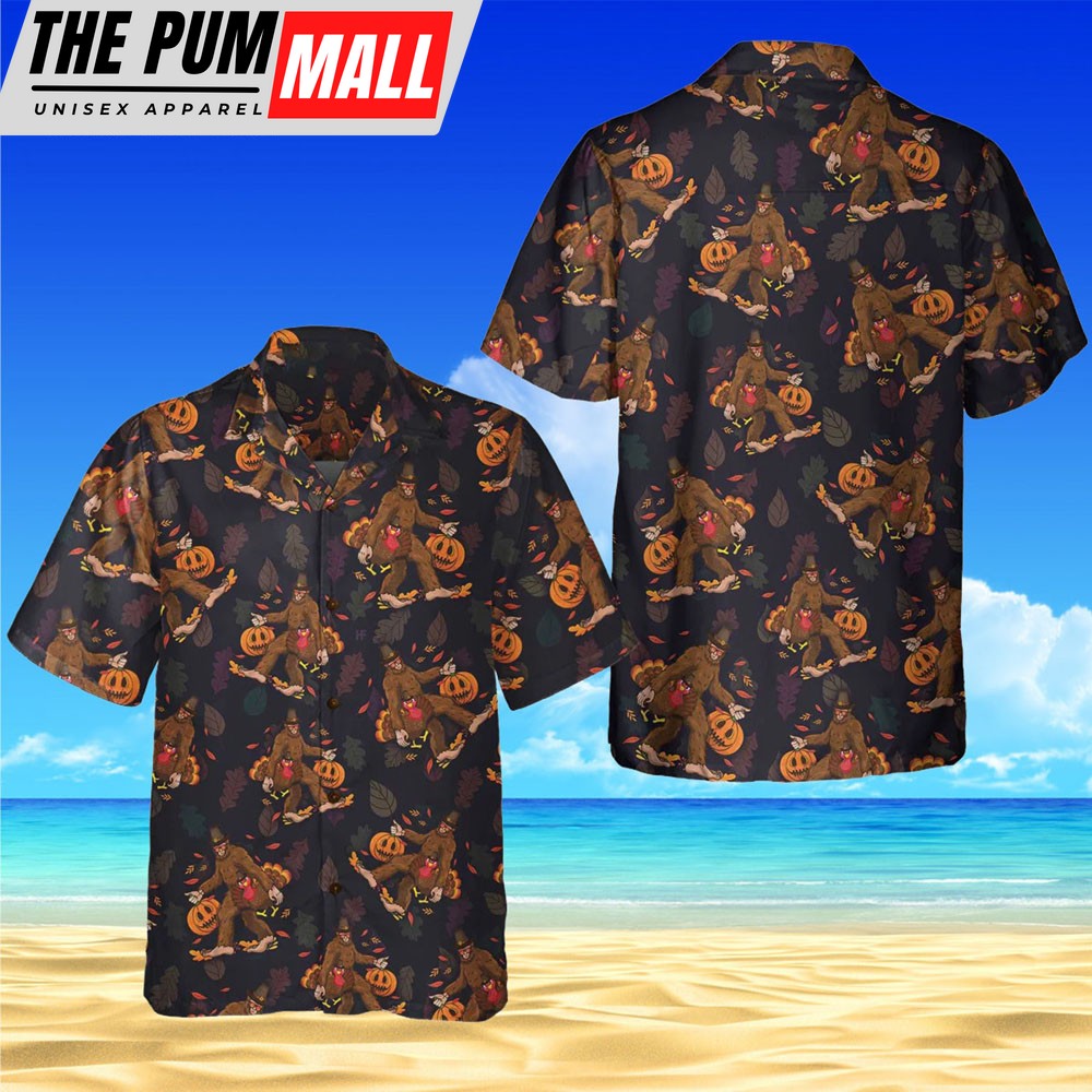 Bigfoot Grabbing Turkey And Pumpkin Hawaiian Shirt