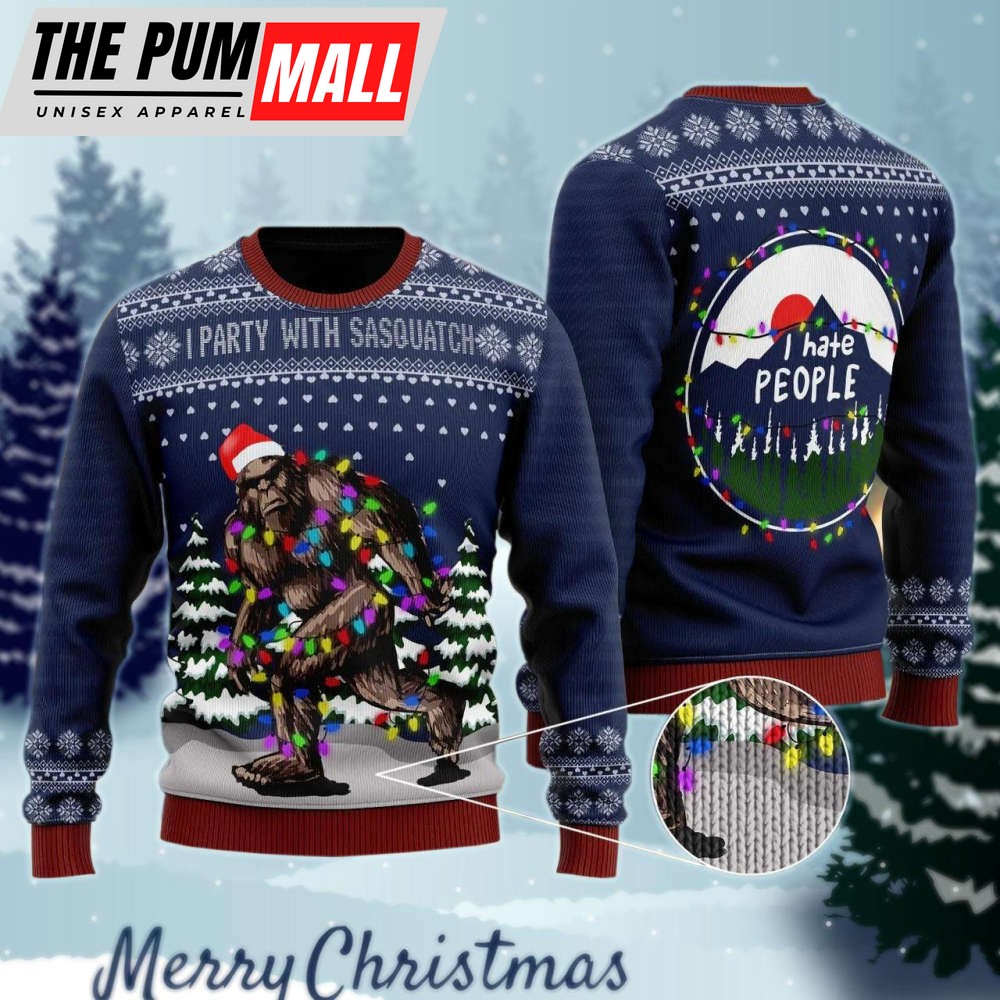 Bigfoot Santa Christmas Tree Lights Hate People Ugly Sweater Gift For Christmas