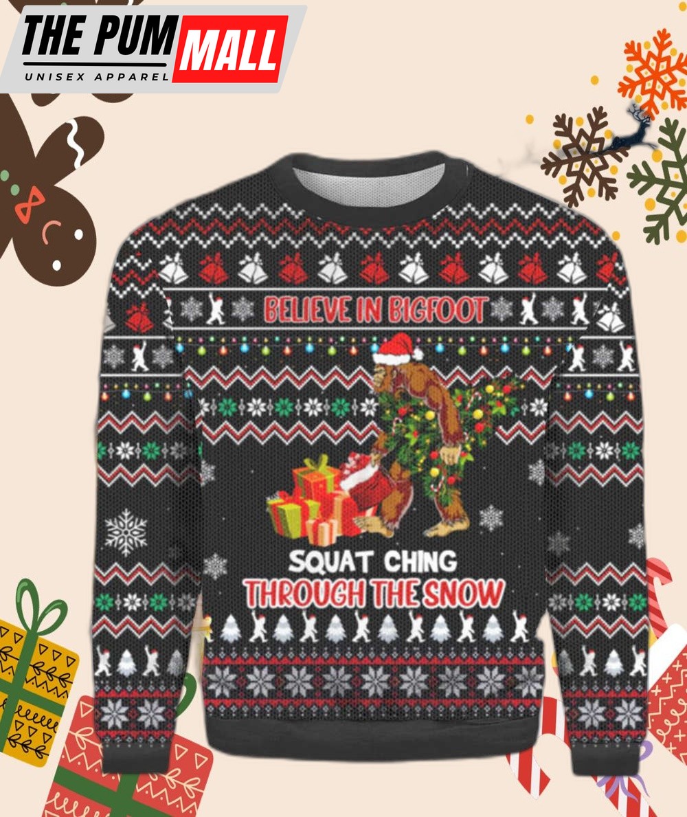 Bigfoot Squatchin’ Through The Snow Ugly Sweater Gift For Christmas
